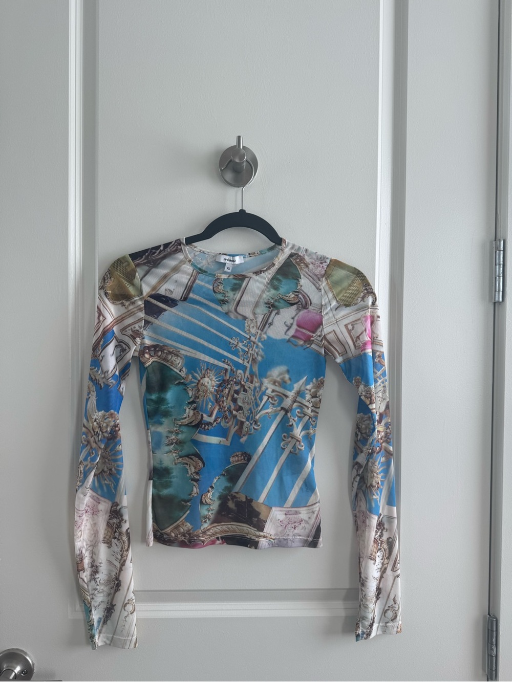 Miaou Blue Baroque Print Long-Sleeve Crewneck Top